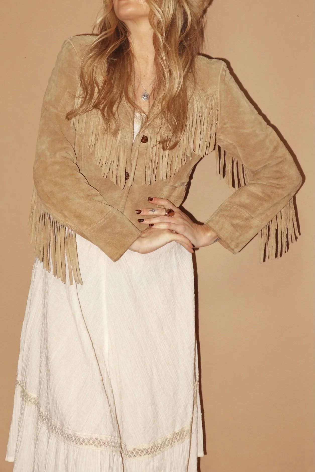VINTAGE 60s 70s MS PIONEER BEIGE SUEDE LEATHER FRINGED TASSEL